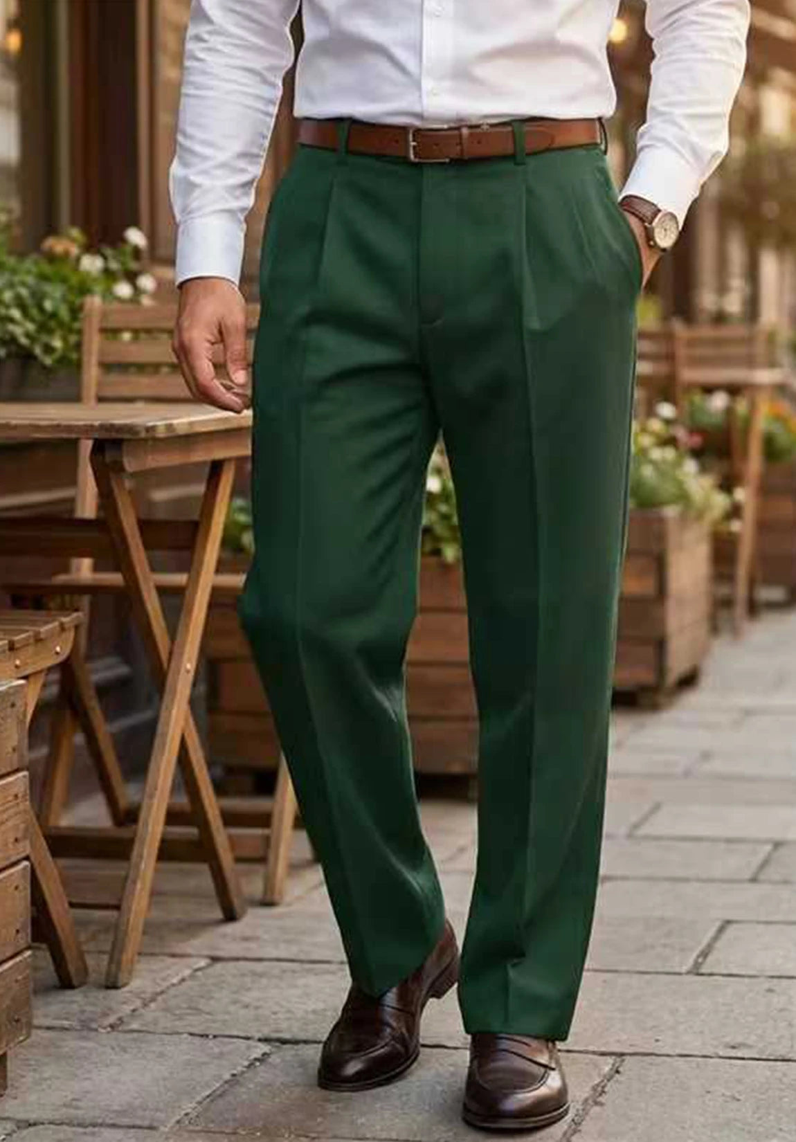 Slim fit dress trousers, styled front view