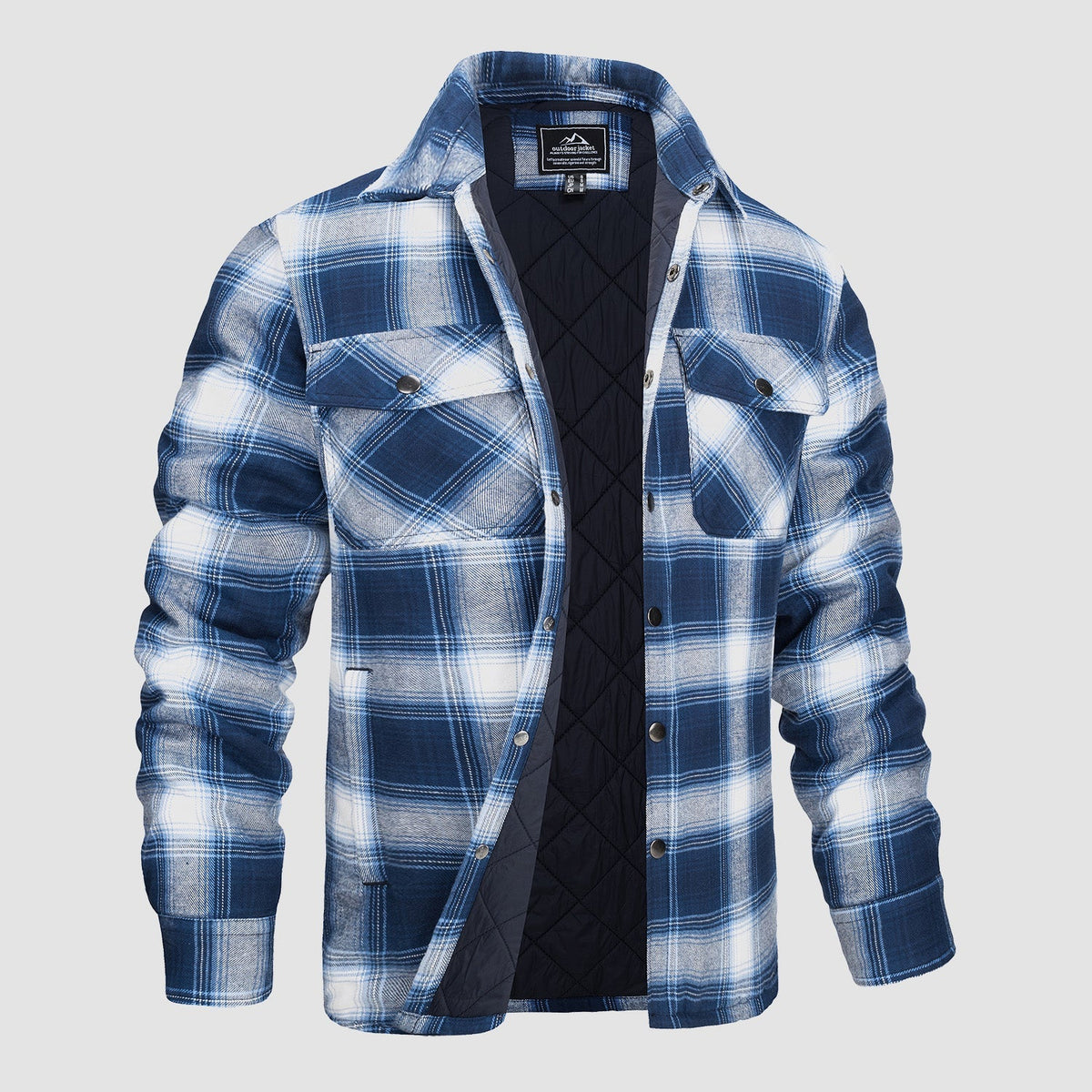 Men's plaid quilted shirt jacket in blue and white with button front and chest pockets