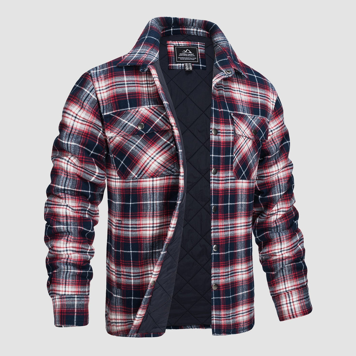 Red, white, and navy plaid quilted shirt jacket with button front and chest pockets