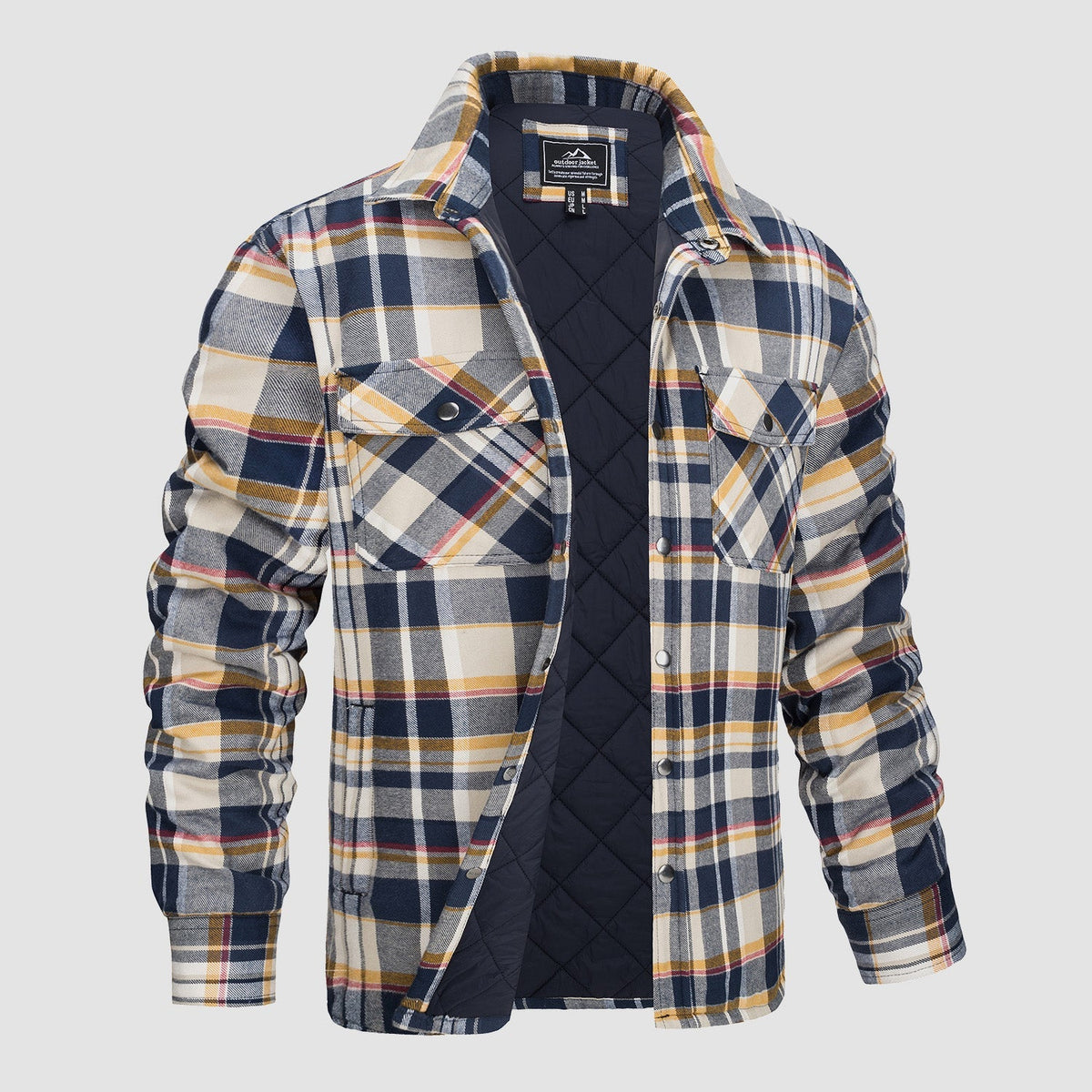 Plaid quilted shirt jacket with navy inner lining, button placket, chest pockets