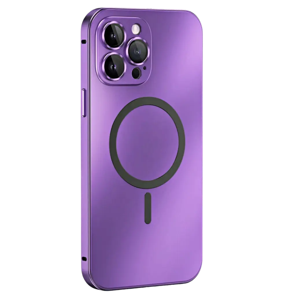 Magnetic metal iPhone case in purple with circular ring detail and camera cutouts