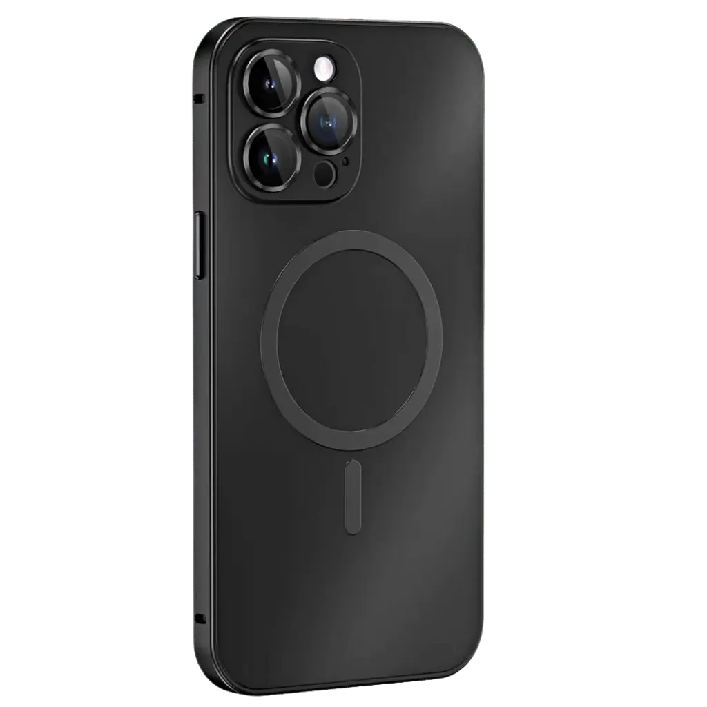 Magnetic metal iPhone case in dark with circular magnetic ring and camera cutouts