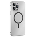 Magnetic metal iPhone case in silver with circular ring cutout and camera camera lens openings