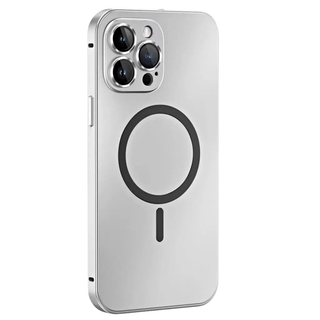 Magnetic metal iPhone case in silver with circular ring cutout and camera camera lens openings