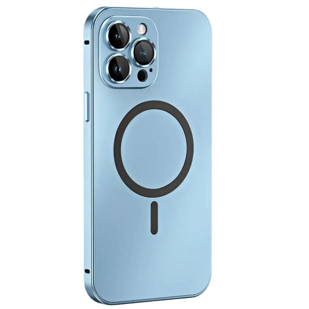 Magnetic metal iPhone case in light blue with circular magnetic ring and camera cutouts