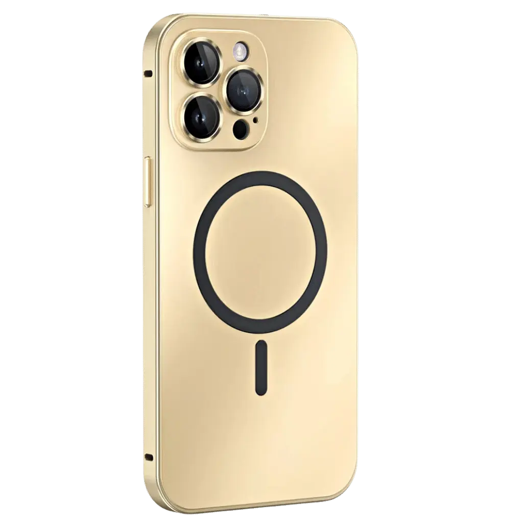 Magnetic metal iPhone case in gold with circular magnetic ring and camera cutouts