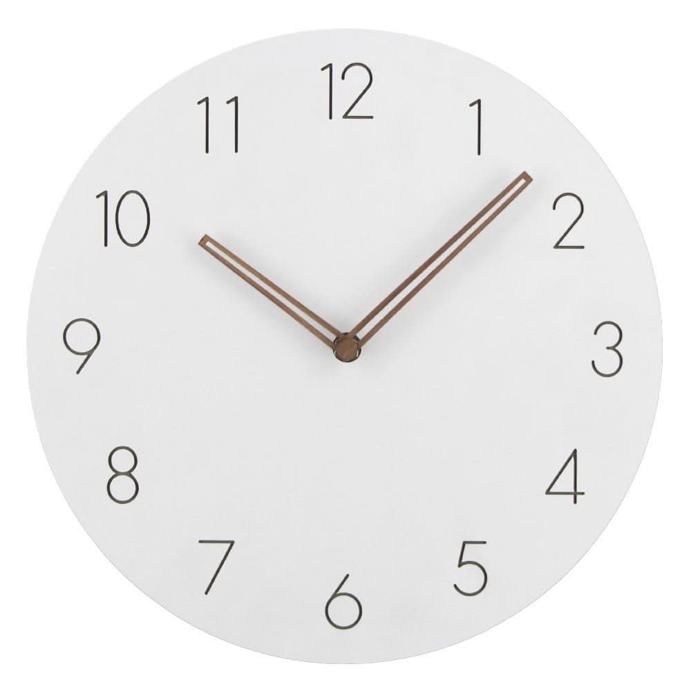 White round silent wall clock with black numerals and thin wood clock hands