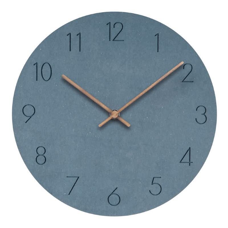 Blue clock face close-up with black numerals and intersecting wood hour/minute hands