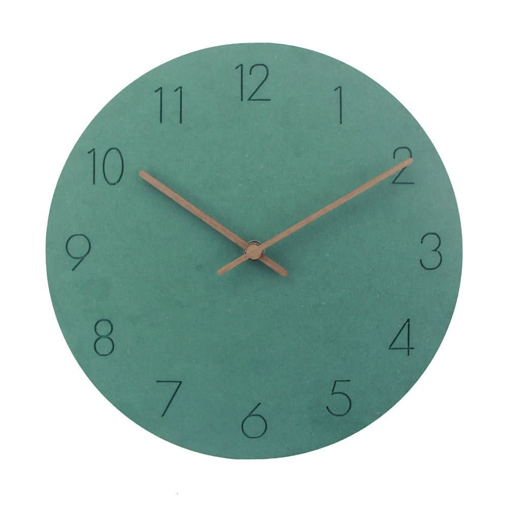 Green round silent wall clock with black numerals and pale wood clock hands