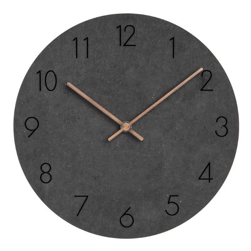 Black round silent wall clock with dark numerals and thin wood clock hands