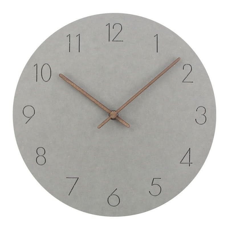 Gray round silent wall clock with black numerals and thin wood clock hands