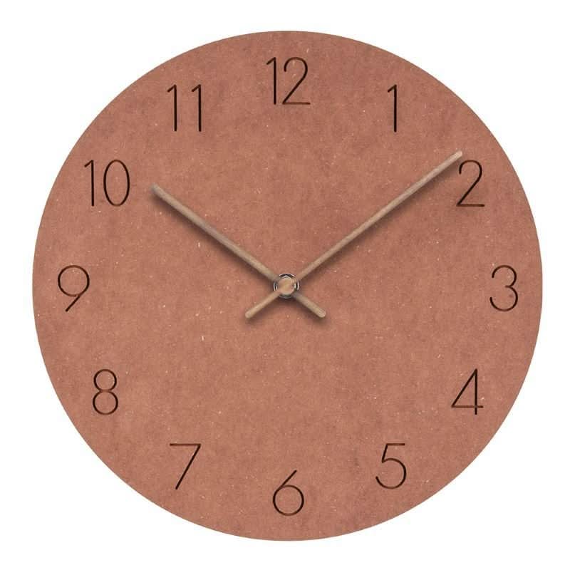 Rust brown round silent wall clock with black numerals and thin wood clock hands
