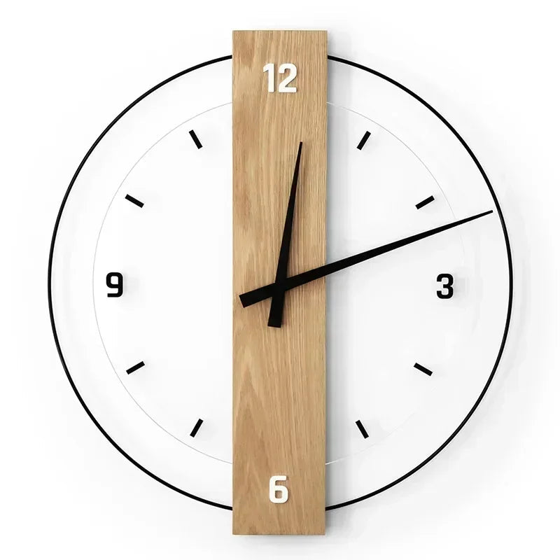 Wood wall clock with black hands, white dial, oak center panel showing 3/6/9/12 numerals