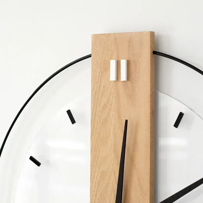 Wood wall clock close-up, slim oak panel with two vertical light markers and black hand