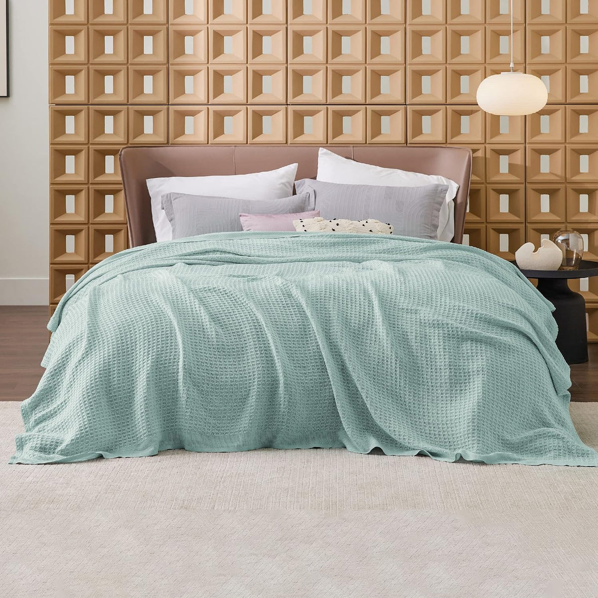 Cotton waffle-weave cooling blanket, mint-blue waffle weave blanket on bed