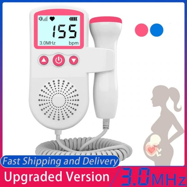Fetal heart rate monitor with LCD display reading 155 bpm and connected probe, white unit