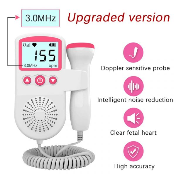 Fetal heart rate monitor feature diagram with doppler probe and noise reduction icons