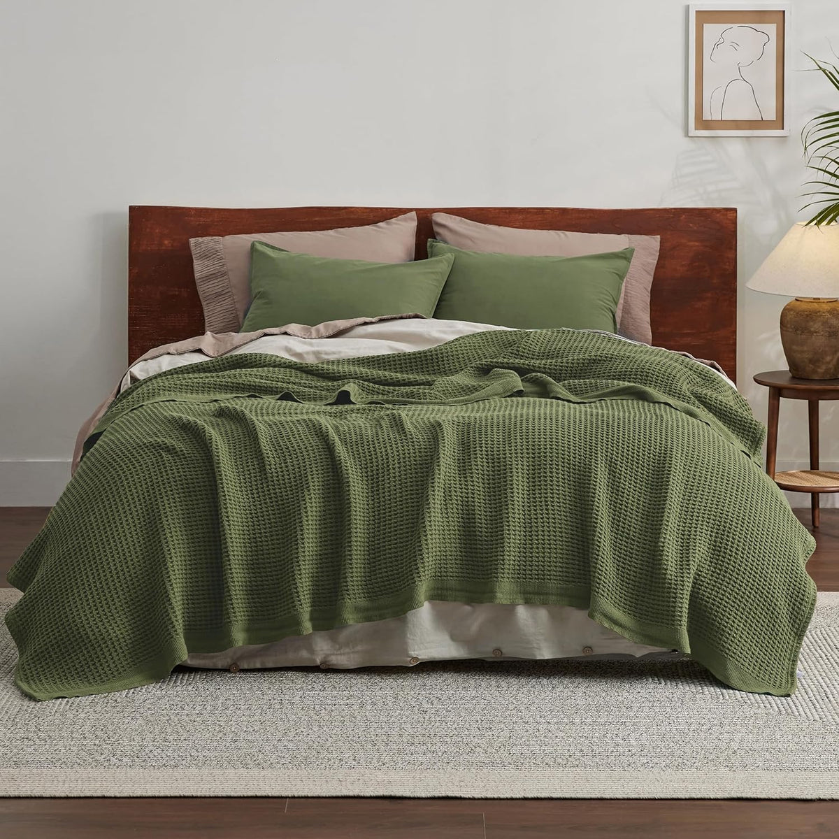 Cotton waffle-weave cooling blanket, sage green waffle-texture blanket on bed