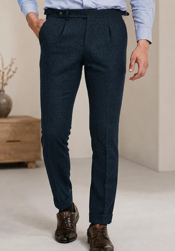 Pleated slim fit trousers, navy color view