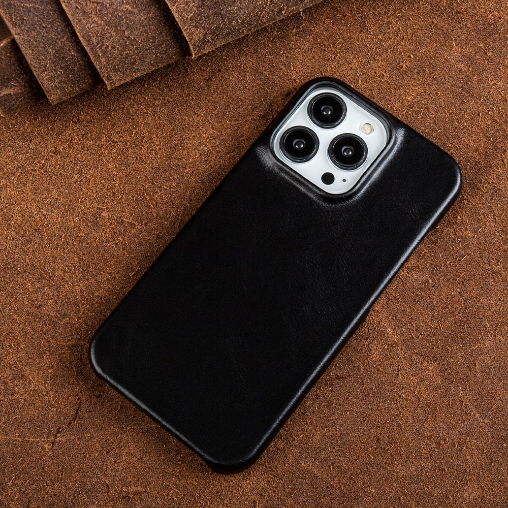 Oil-waxed vegan leather iPhone case, black, camera cutout with raised rim