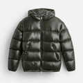 Glossy quilted hooded puffer, front view