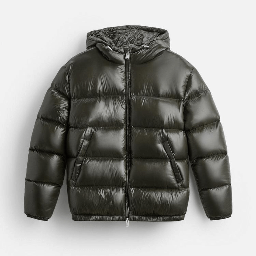Glossy quilted hooded puffer, front view