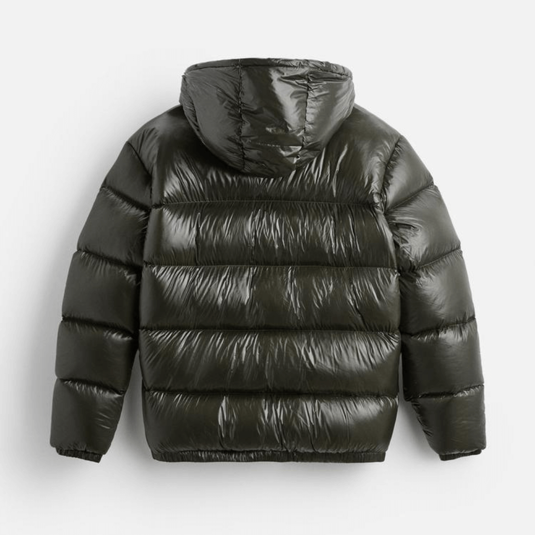 Glossy quilted hooded puffer, close-up detail