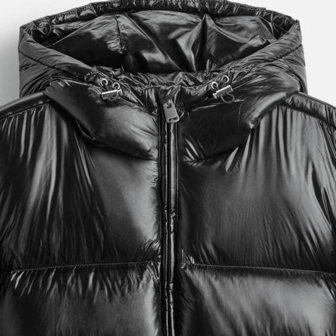 Glossy quilted hooded puffer, back view