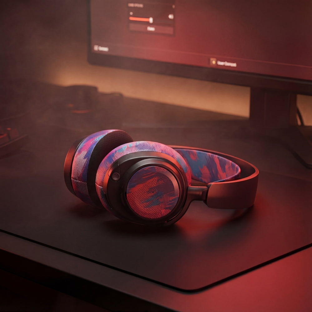 Cooling gel replacement earpads, pink-blue patterned earpads on over-ear wireless headphones