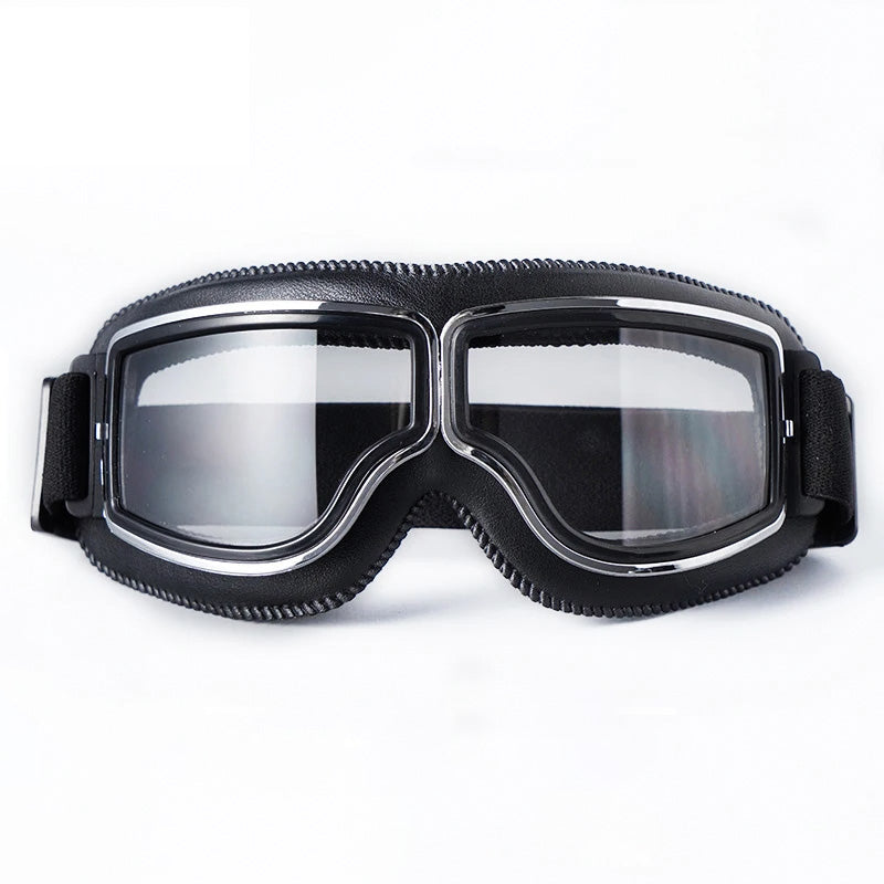 Motorcycle goggles with black frame and clear anti-fog lenses