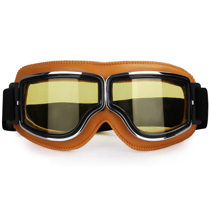 Motorcycle goggles with khaki frame and yellow anti-fog lenses