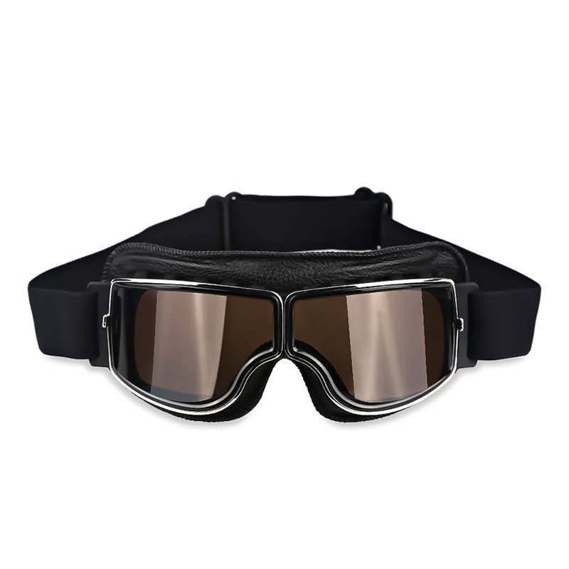 Motorcycle goggles with black frame and brown mirror anti-fog lenses