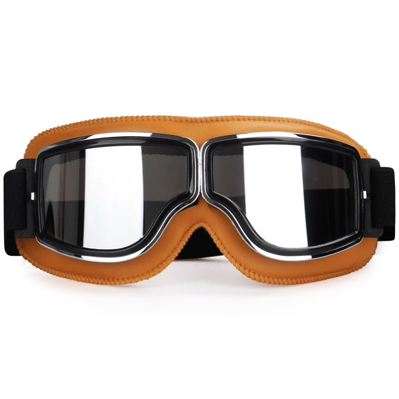 Khaki motorcycle goggles with reflective dark lenses and over-glasses foam padding