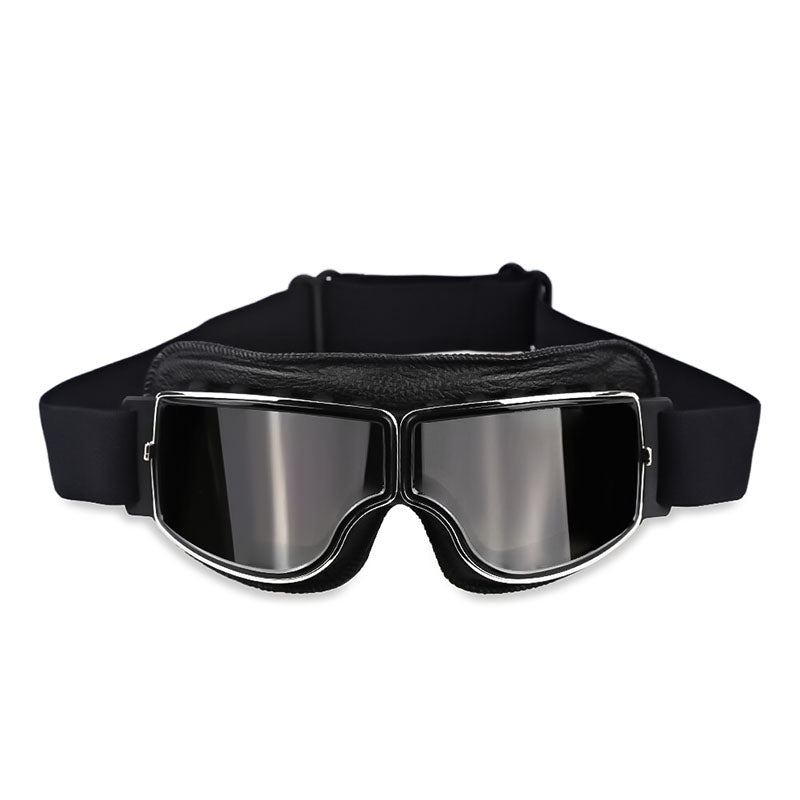 Motorcycle goggles with black frame and silver anti-fog mirror lenses