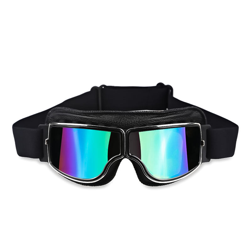 Motorcycle goggles with black frame and iridescent blue-green mirror anti-fog lenses