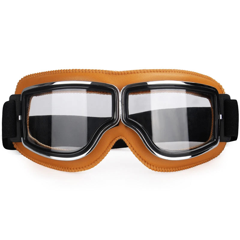 Khaki motorcycle goggles with clear mirrored lenses and over-glasses foam padding