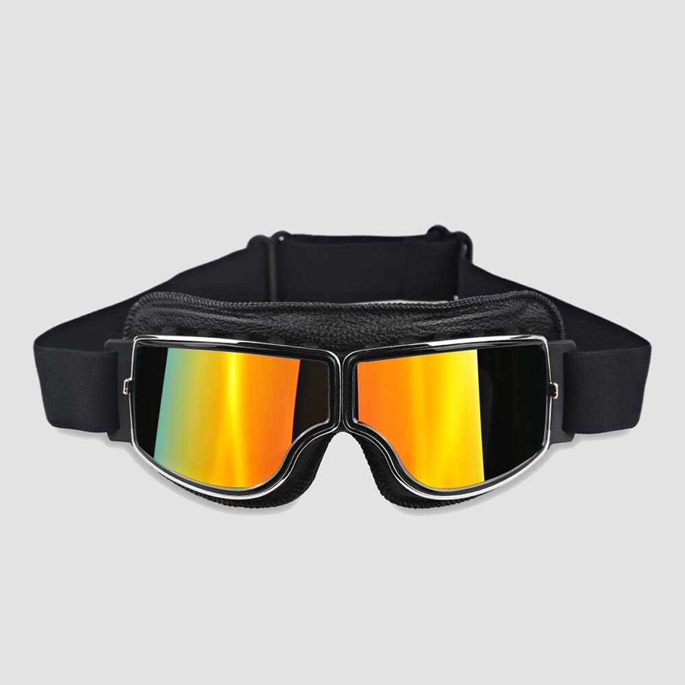 Motorcycle goggles with black frame and orange-yellow mirror anti-fog lenses