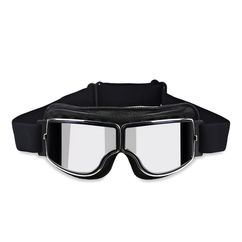 Motorcycle goggles with black frame and silver mirror anti-fog lenses