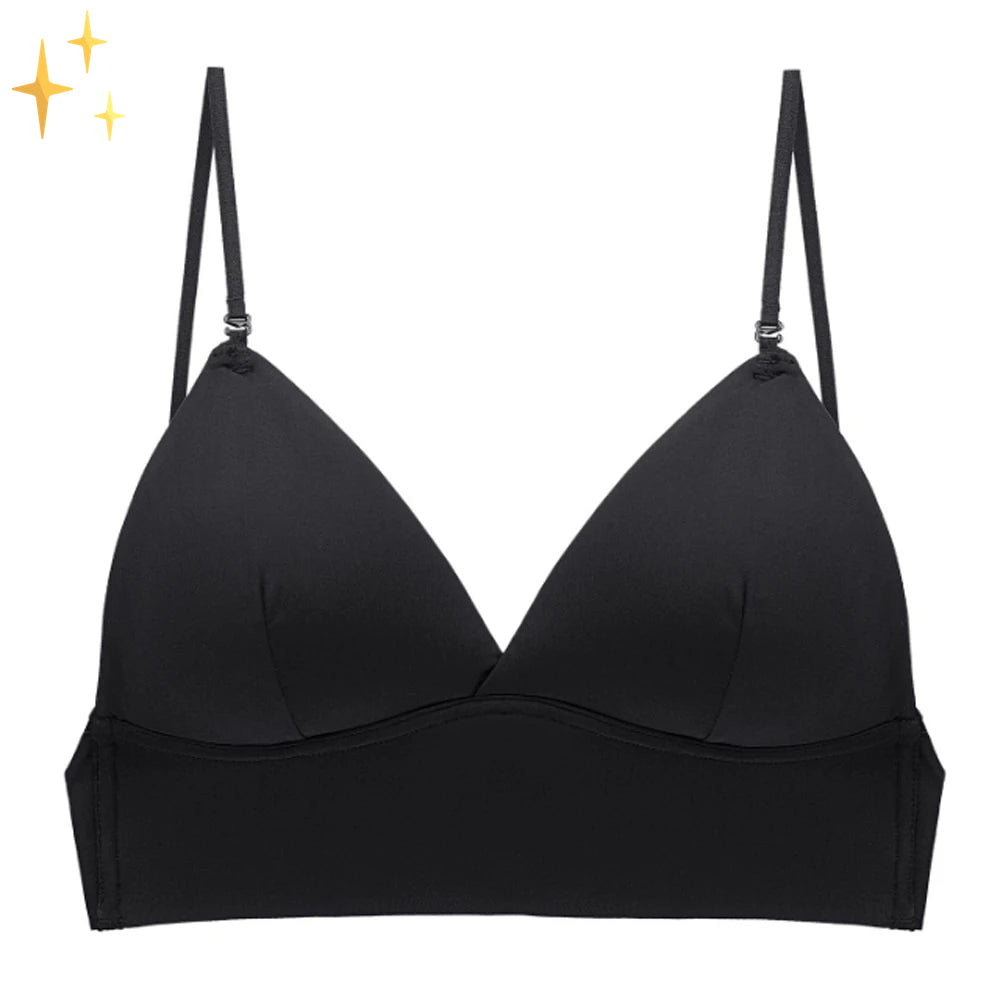 Black seamless backless support bra with low-cut front and adjustable spaghetti straps