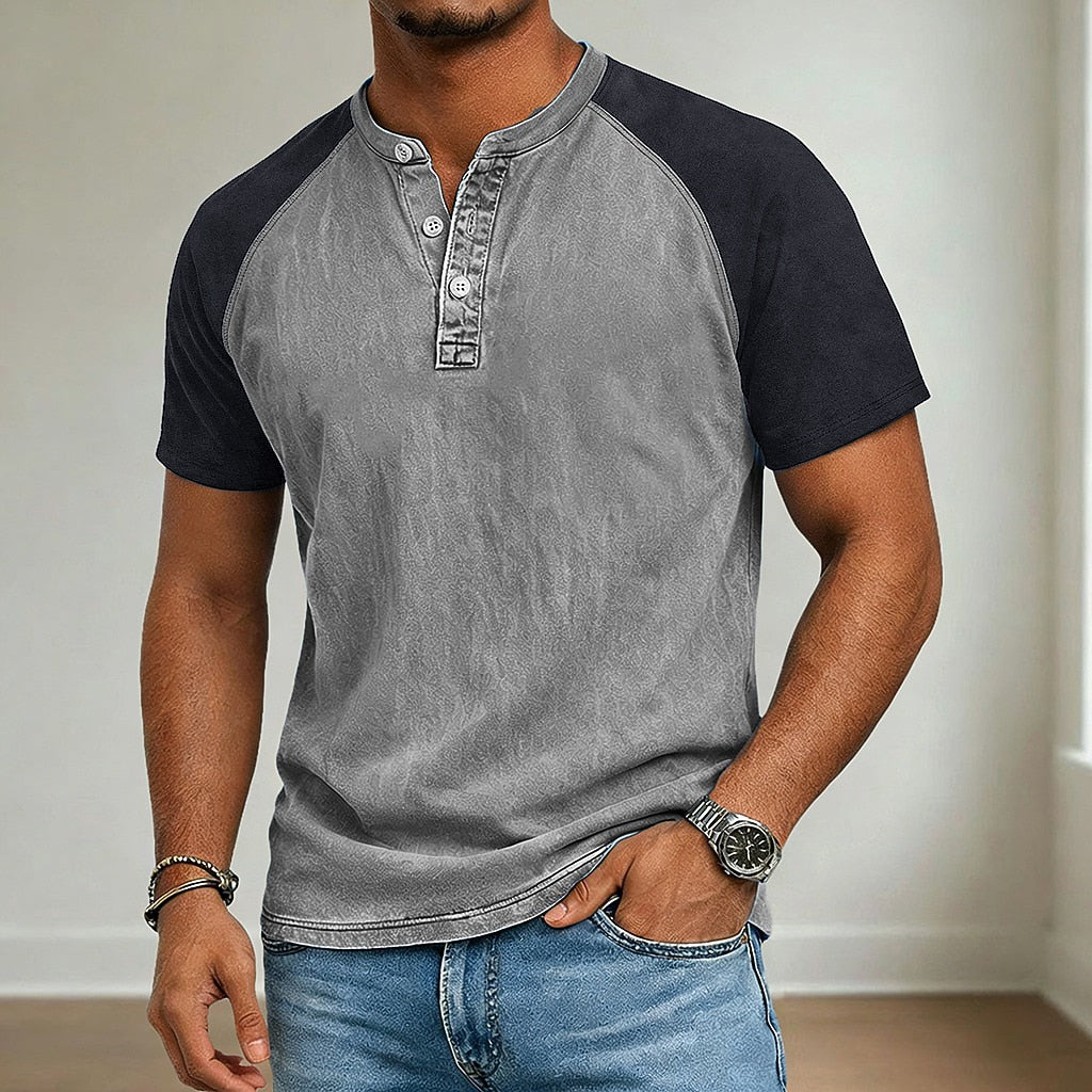 Vintage wash henley shirt, side profile