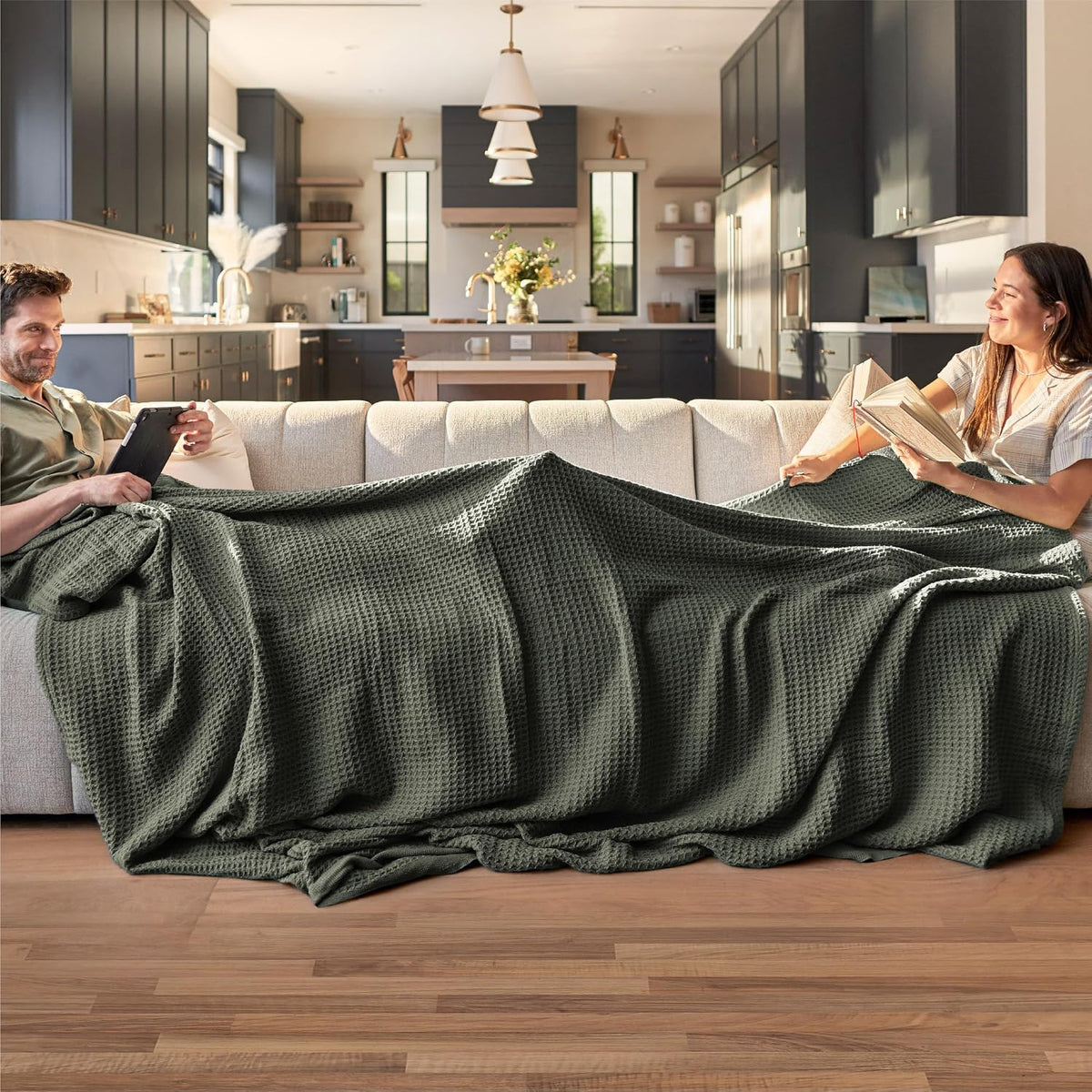 Cotton waffle-weave cooling blanket, dark green waffle weave blanket on bed