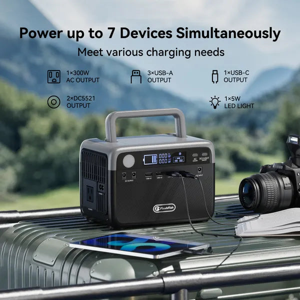 Portable power station with solar panel and black outlet panel, charging ports visible