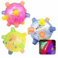 LED jumping activity ball with pink and blue clear dome and colorful soft spikes