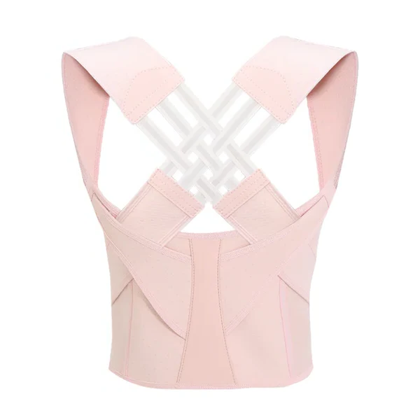 Pink posture correction back brace with adjustable shoulder straps and supportive back panel.