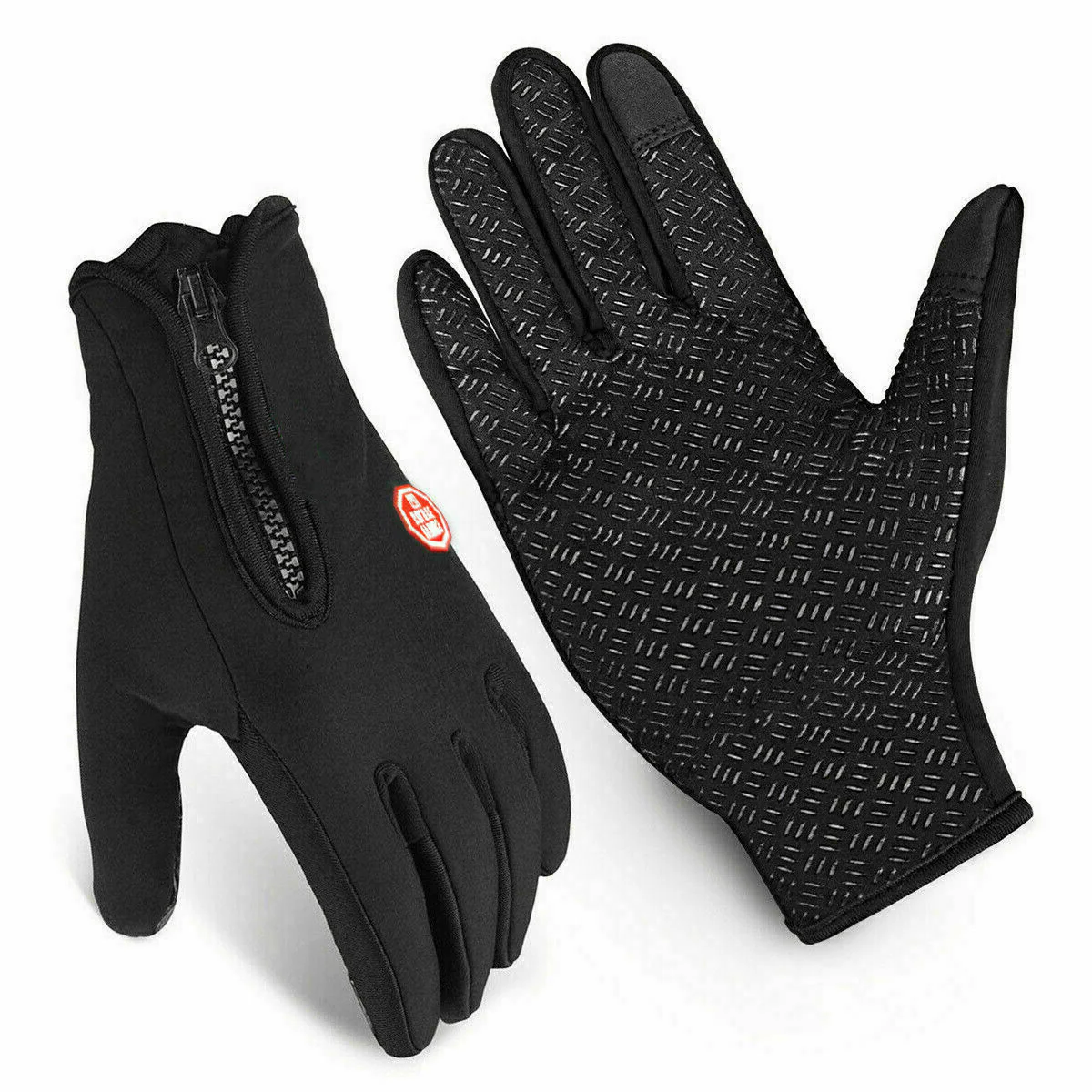 Pair of black cycling gloves with patterned grip palm and side zipper detail