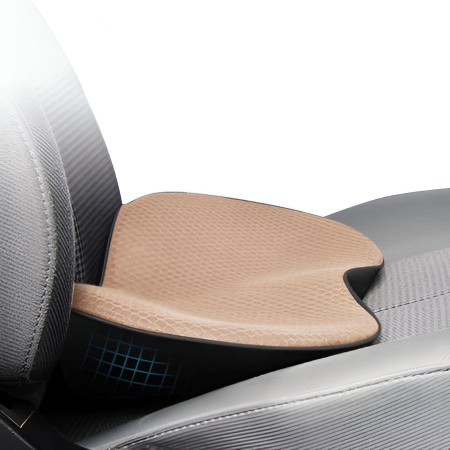 Beige memory foam car seat cushion with textured top and contoured support shape