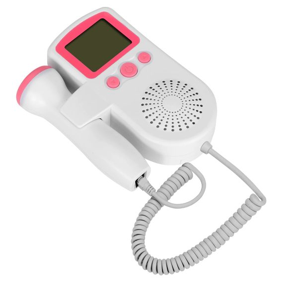 Fetal heart rate monitor handheld unit with LCD screen and speaker grille, white and red