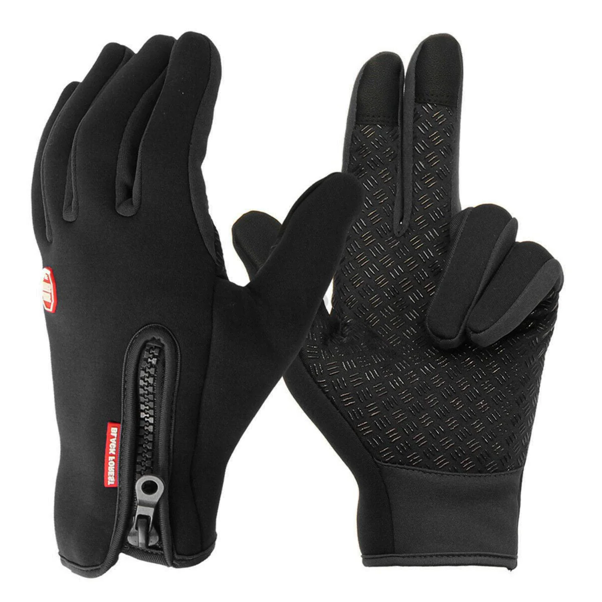 Black thermal cycling gloves with textured palm, padded fingers, and zippered cuff pocket