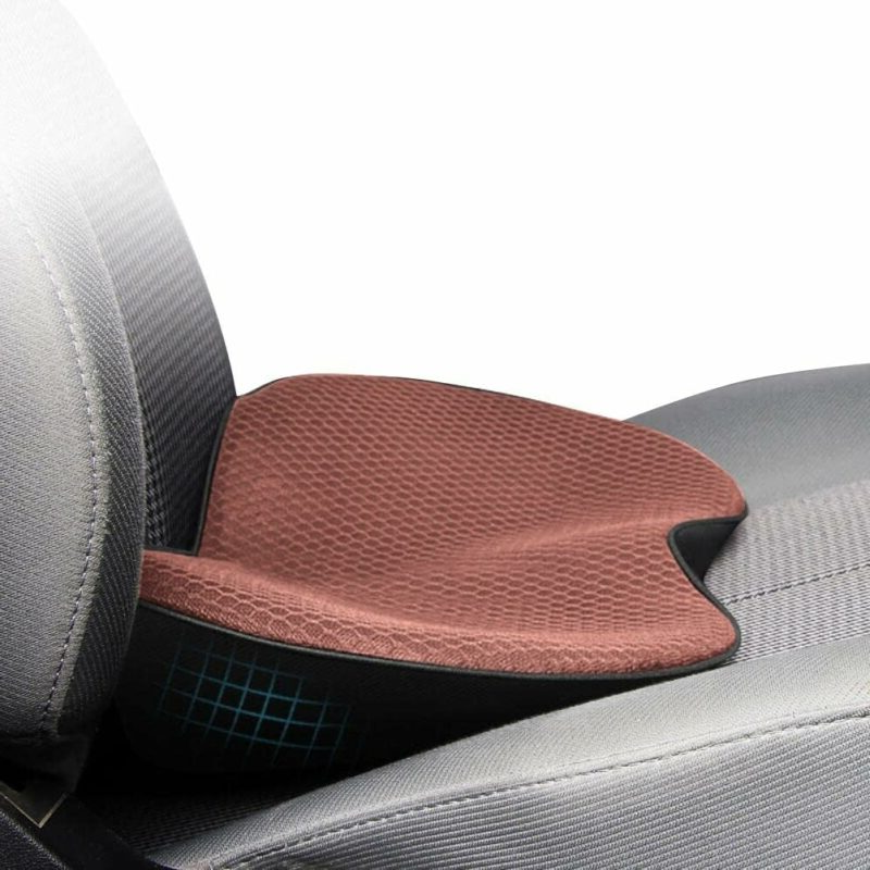 Brown memory foam car seat cushion with textured top and contoured support curve