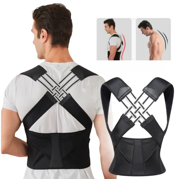 Black posture correction back brace worn over a shirt, showing cross-stitch strap design.